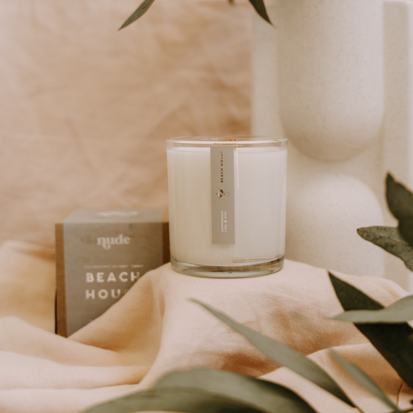 BEACH HOUSE GLASS WOOD WICK CANDLE